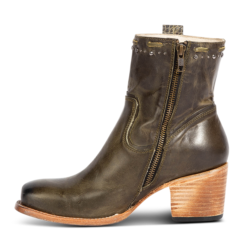 Inside view showing FREEBIRD Women's Duke green leather bootie with stud and whip stitch detailing, a full working inside zipper and square toe construction