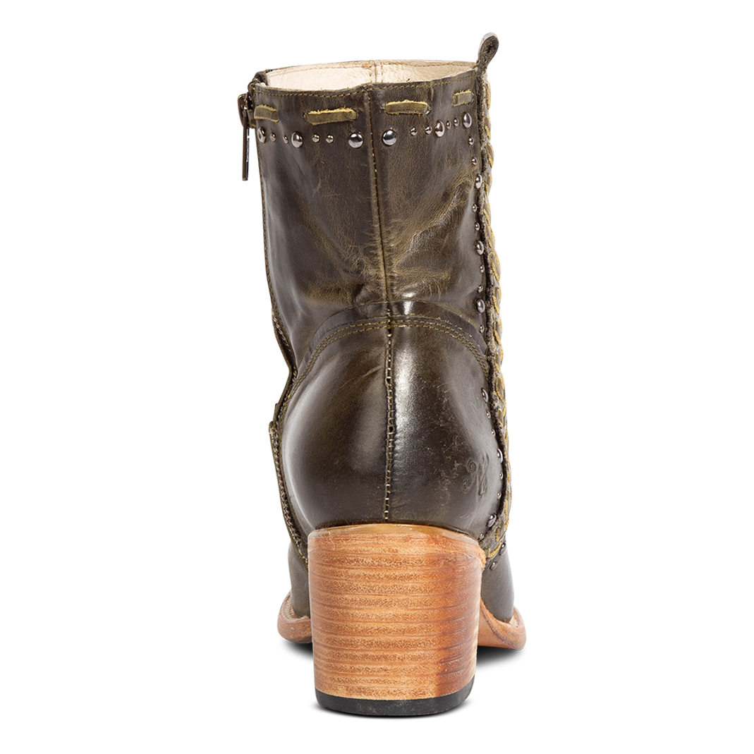 Back view showing FREEBIRD Women's Duke green leather bootie with stud and whip stitch detailing, a full working inside zipper block heel 