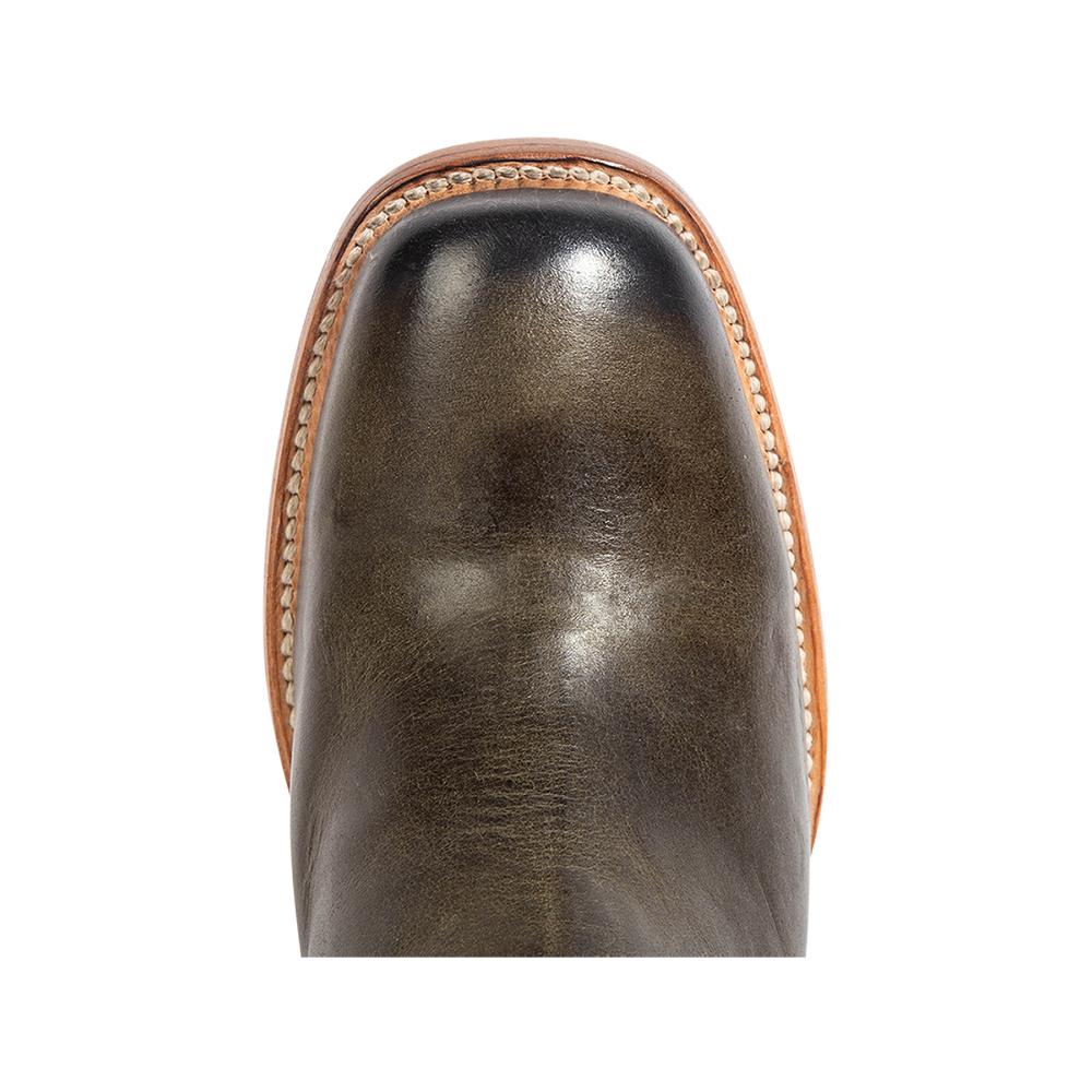 Top view showing solid leather on a square toe construction on FREEBIRD women's Duke green leather bootie