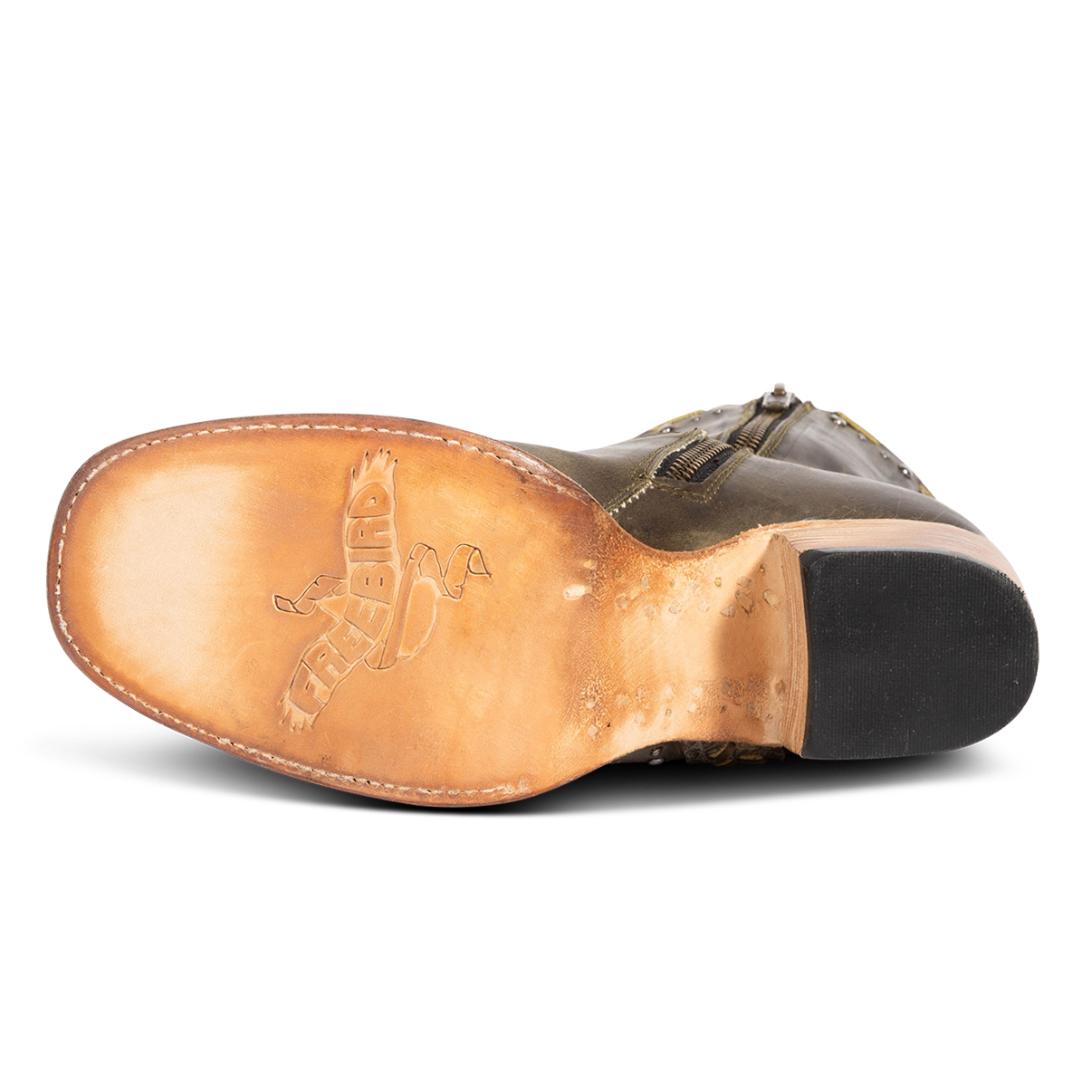 Leather sole imprinted with FREEBIRD on women's Duke green leather mid heeled bootie