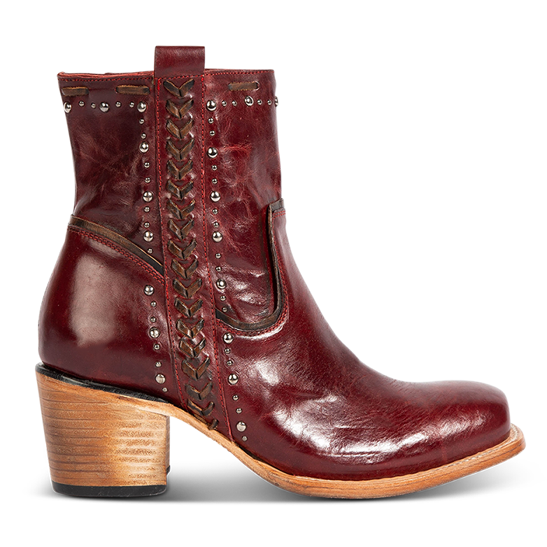 FREEBIRD Women's Duke red leather bootie with stud and whip stitch detailing, a full working inside zipper and square toe construction