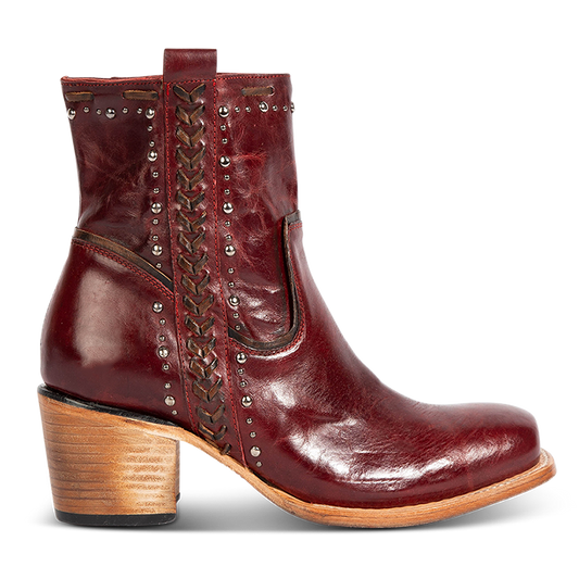 FREEBIRD Women's Duke red leather bootie with stud and whip stitch detailing, a full working inside zipper and square toe construction
