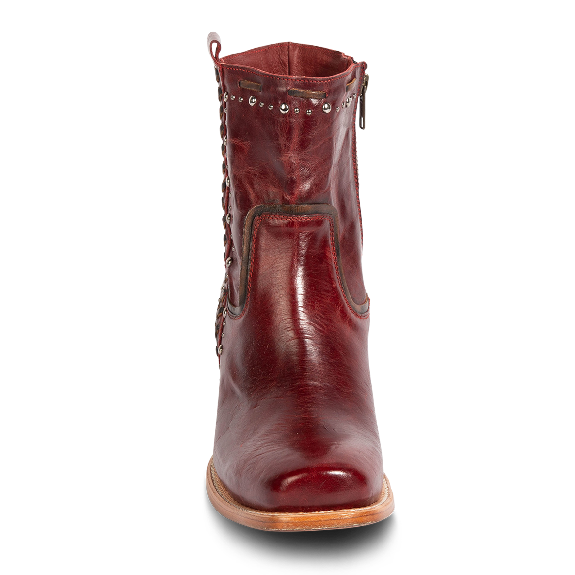 Front view showing FREEBIRD Women's Duke red leather bootie with stud and whip stitch detailing and square toe construction
