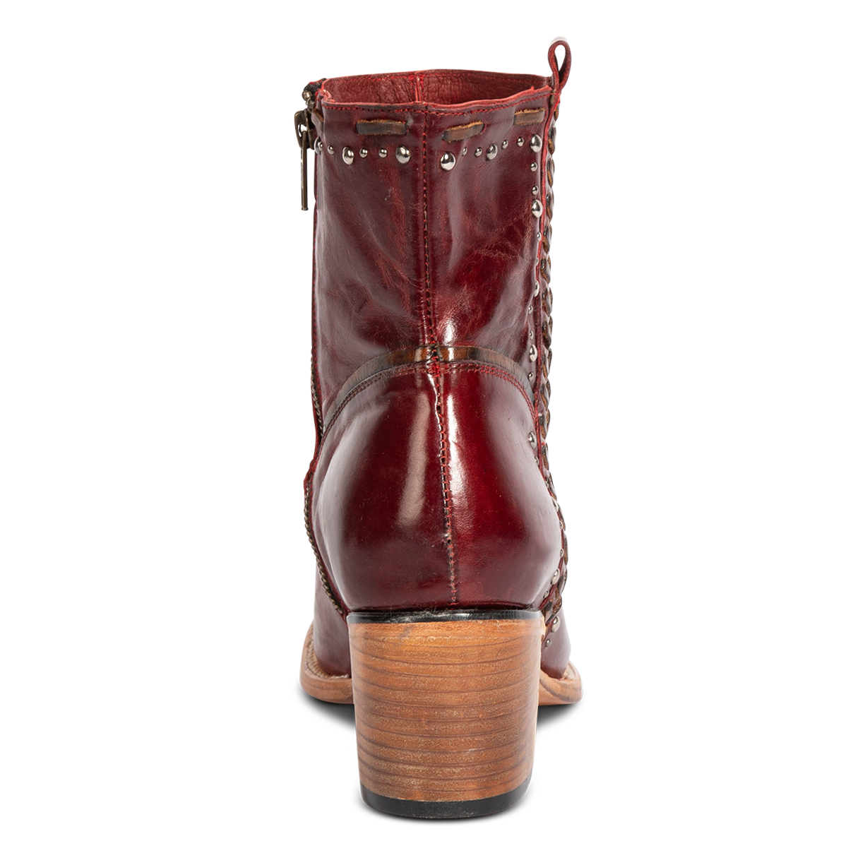 Back view showing FREEBIRD Women's Duke red leather bootie with stud and whip stitch detailing, a full working inside zipper block heel 