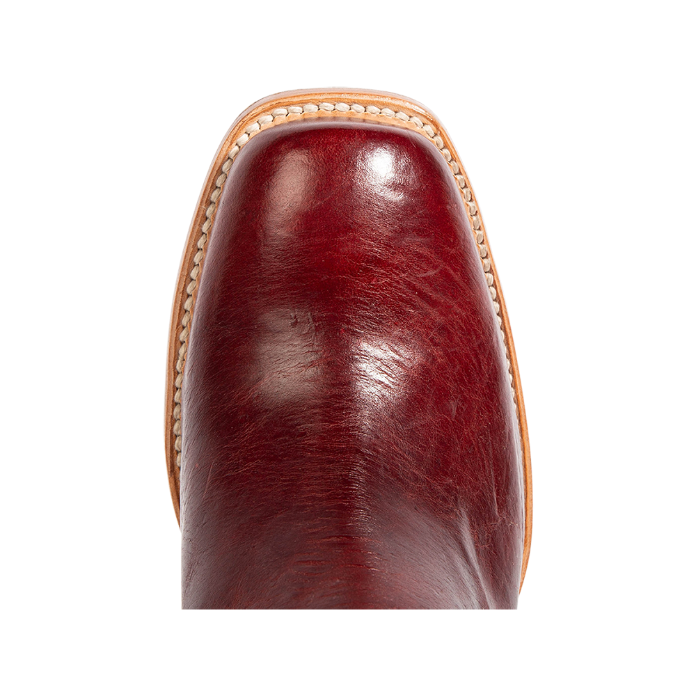 Top view showing solid leather on a square toe construction on FREEBIRD women's Duke red leather bootie