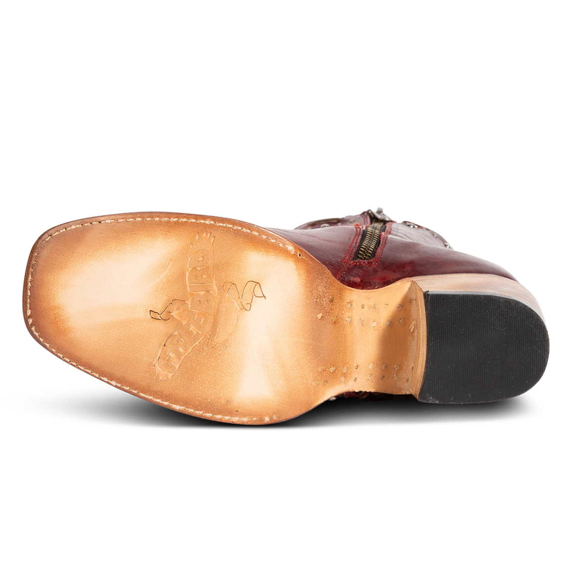 Leather sole imprinted with FREEBIRD on women's Duke red leather mid heeled bootie