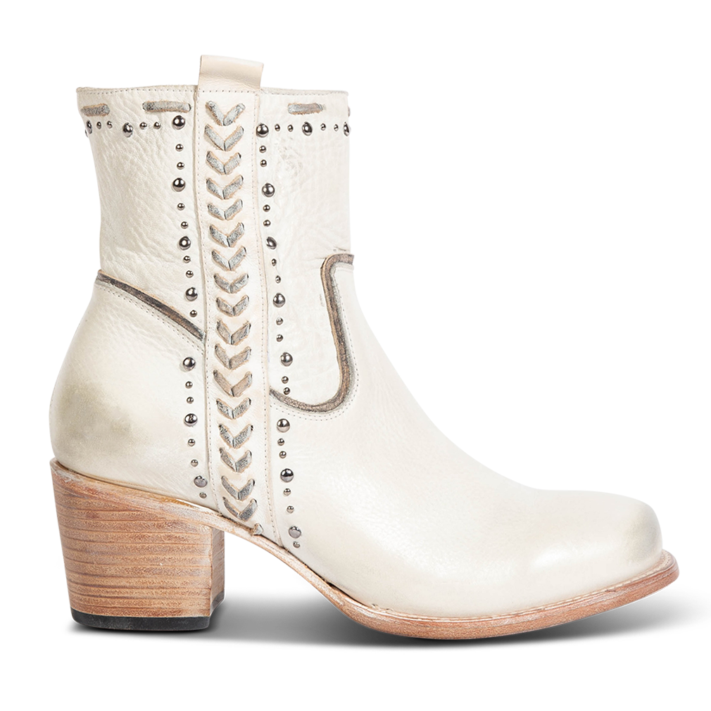 FREEBIRD Women's Duke white leather bootie with stud and whip stitch detailing, a full working inside zipper and square toe construction