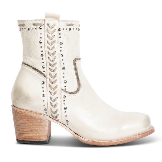 FREEBIRD Women's Duke white leather bootie with stud and whip stitch detailing, a full working inside zipper and square toe construction