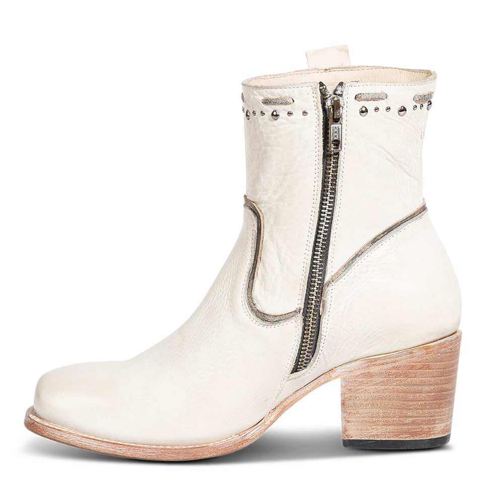 Inside view showing FREEBIRD Women's Duke white leather bootie with stud and whip stitch detailing, a full working inside zipper and square toe construction