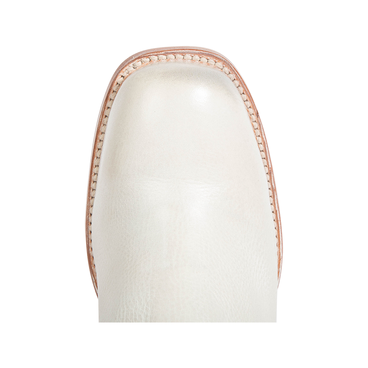 Top view showing solid leather on a square toe construction on FREEBIRD women's Duke white leather bootie