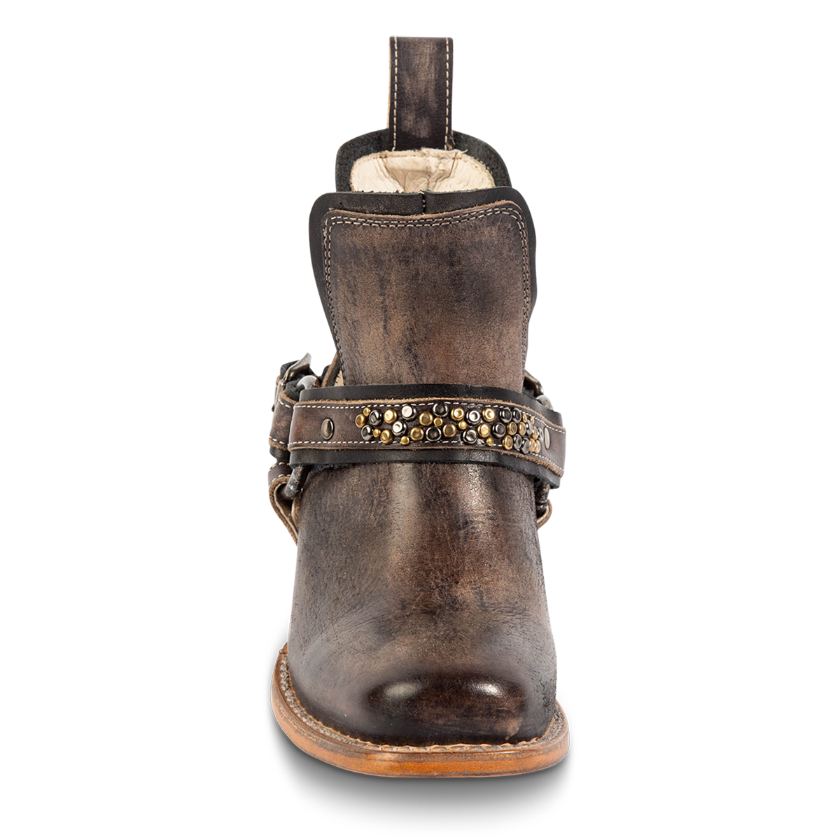 Front view showing FREEBIRD women's Dusty black distressed bootie with studded embellishments, an ankle harness and a slip on leather pull strap