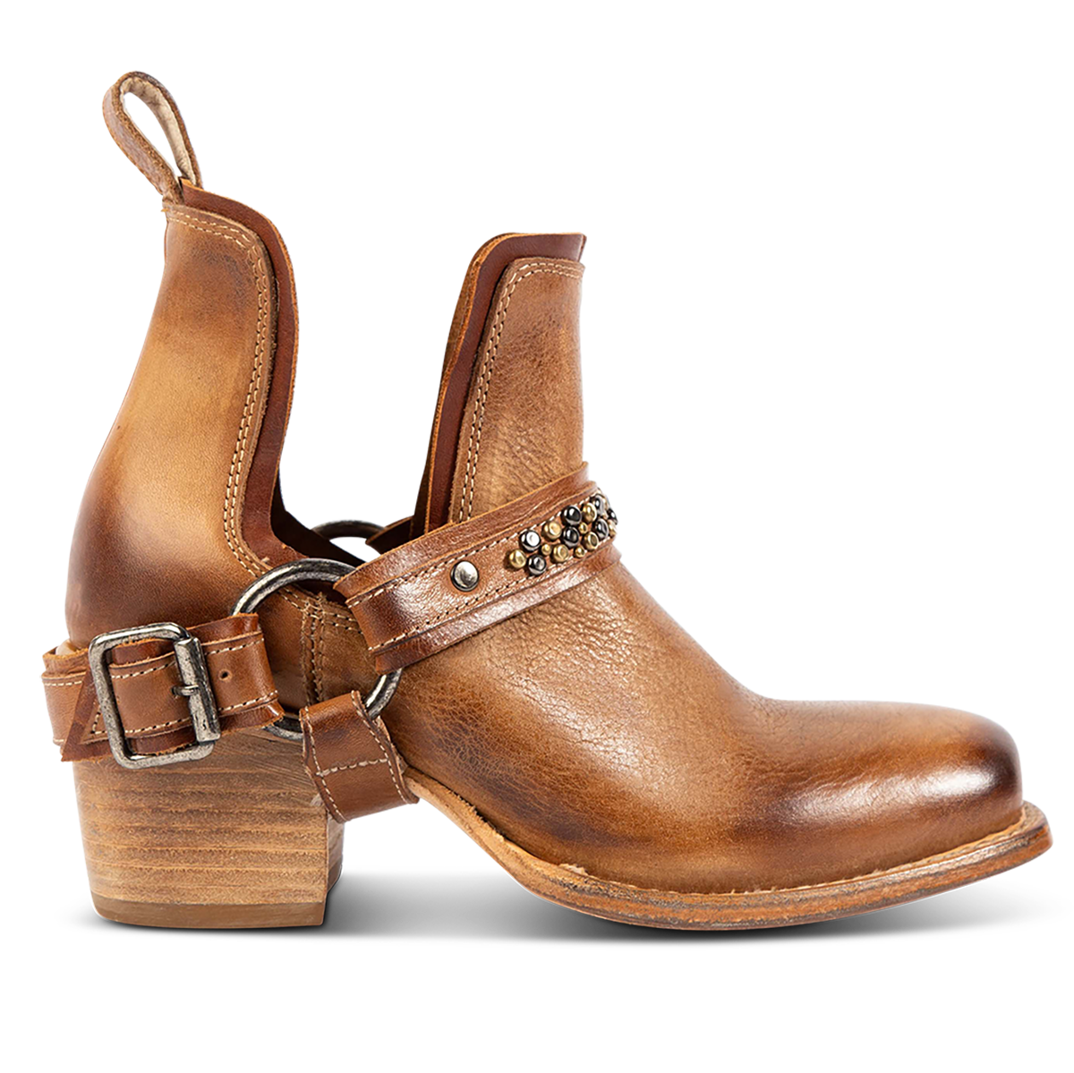 FREEBIRD women's Dusty wheat multi bootie with studded embellishments, an ankle harness and a slip on leather pull strap