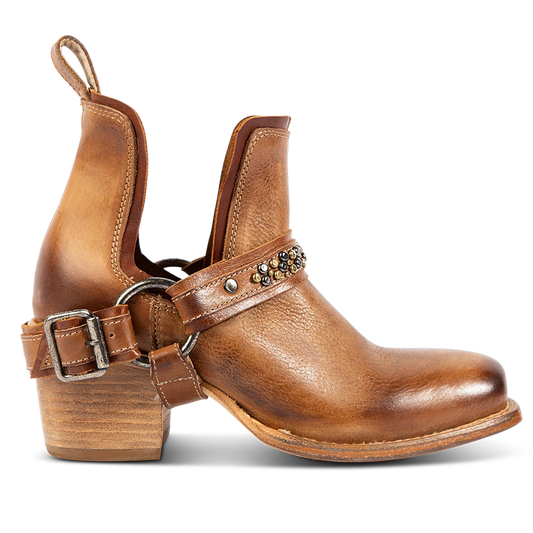 FREEBIRD women's Dusty wheat multi bootie with studded embellishments, an ankle harness and a slip on leather pull strap