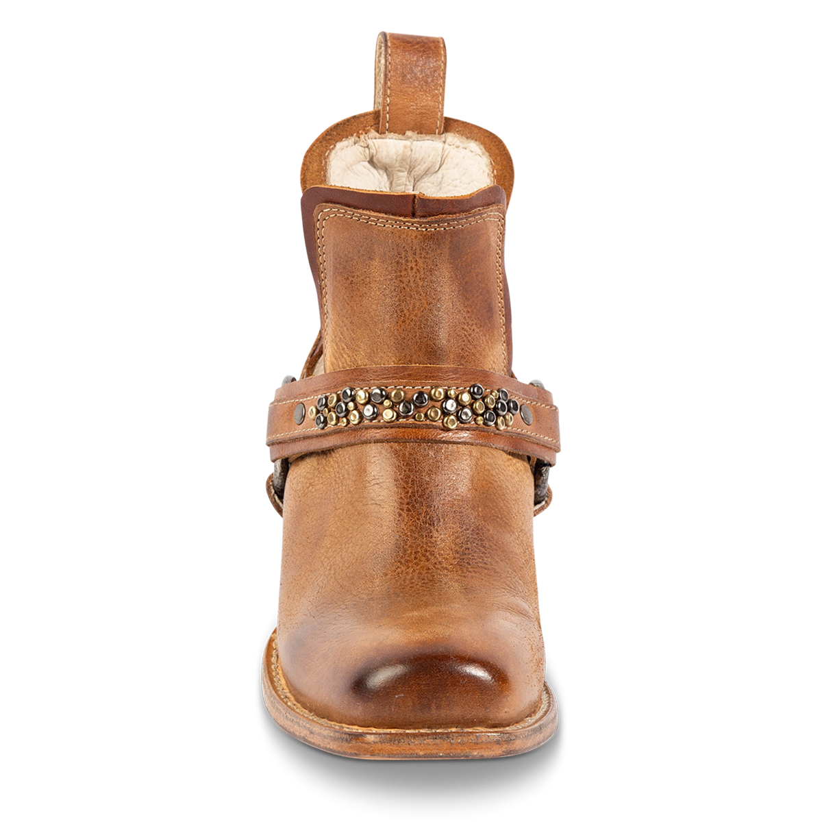 Front view showing FREEBIRD women's Dusty wheat multi bootie with studded embellishments, an ankle harness and a slip on leather pull strap