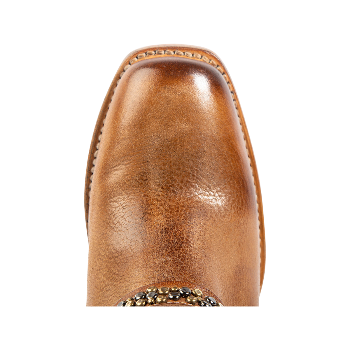 Top view showing a square toe and studded embellishments on FREEBIRD women's Dusty wheat multi bootie