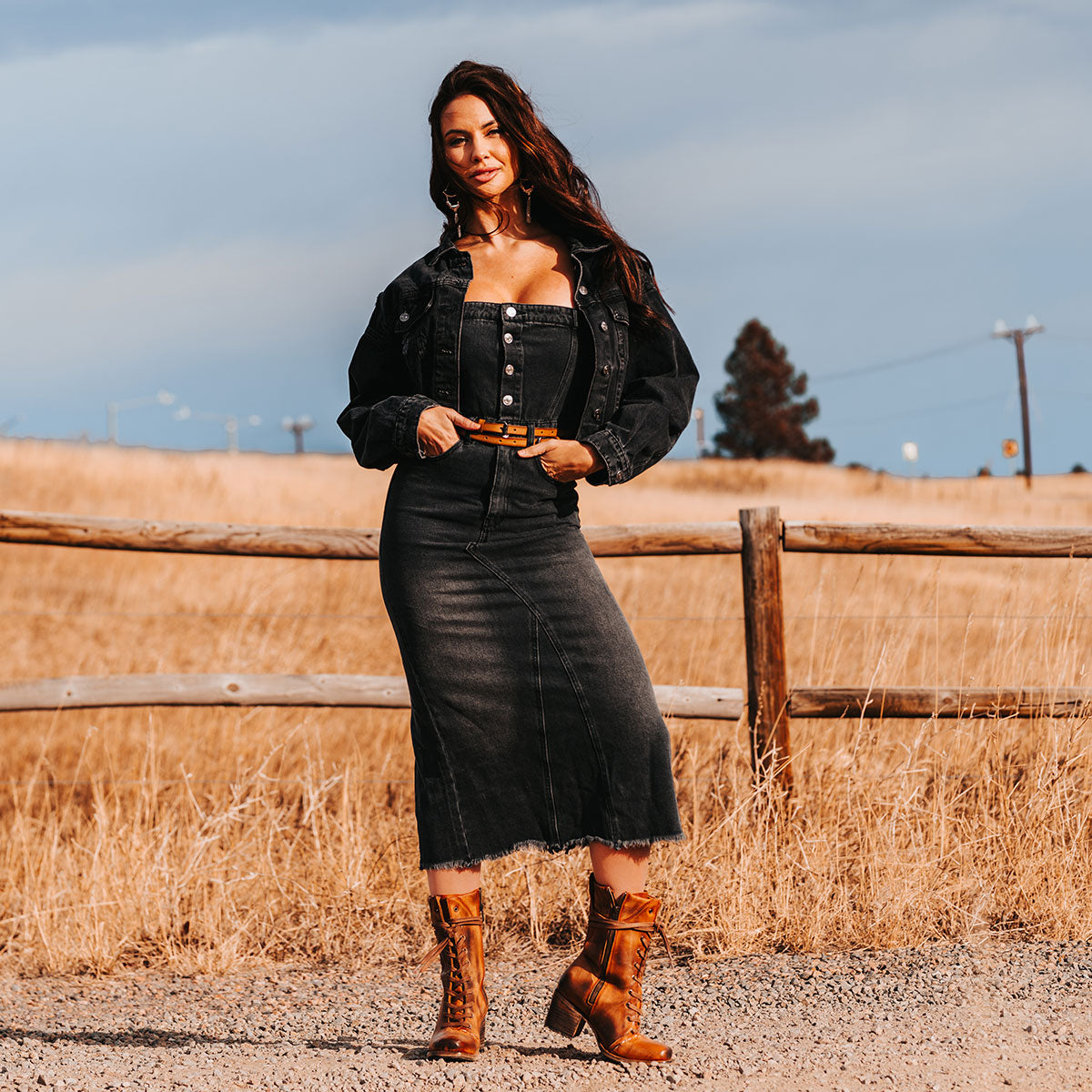 FREEBIRD women's Dart whiskey leather boot with front tie lacing, whip stitch siding and stacked heel lifestyle