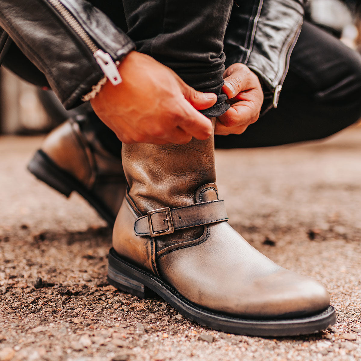 FREEBIRD men's Easton black low heel tall boot with buckles