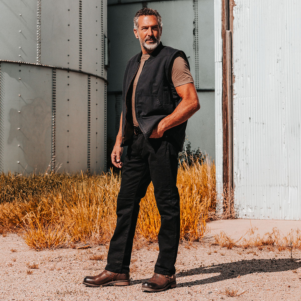 FREEBIRD men's Easton brown low heel tall boot with buckles lifestyle image