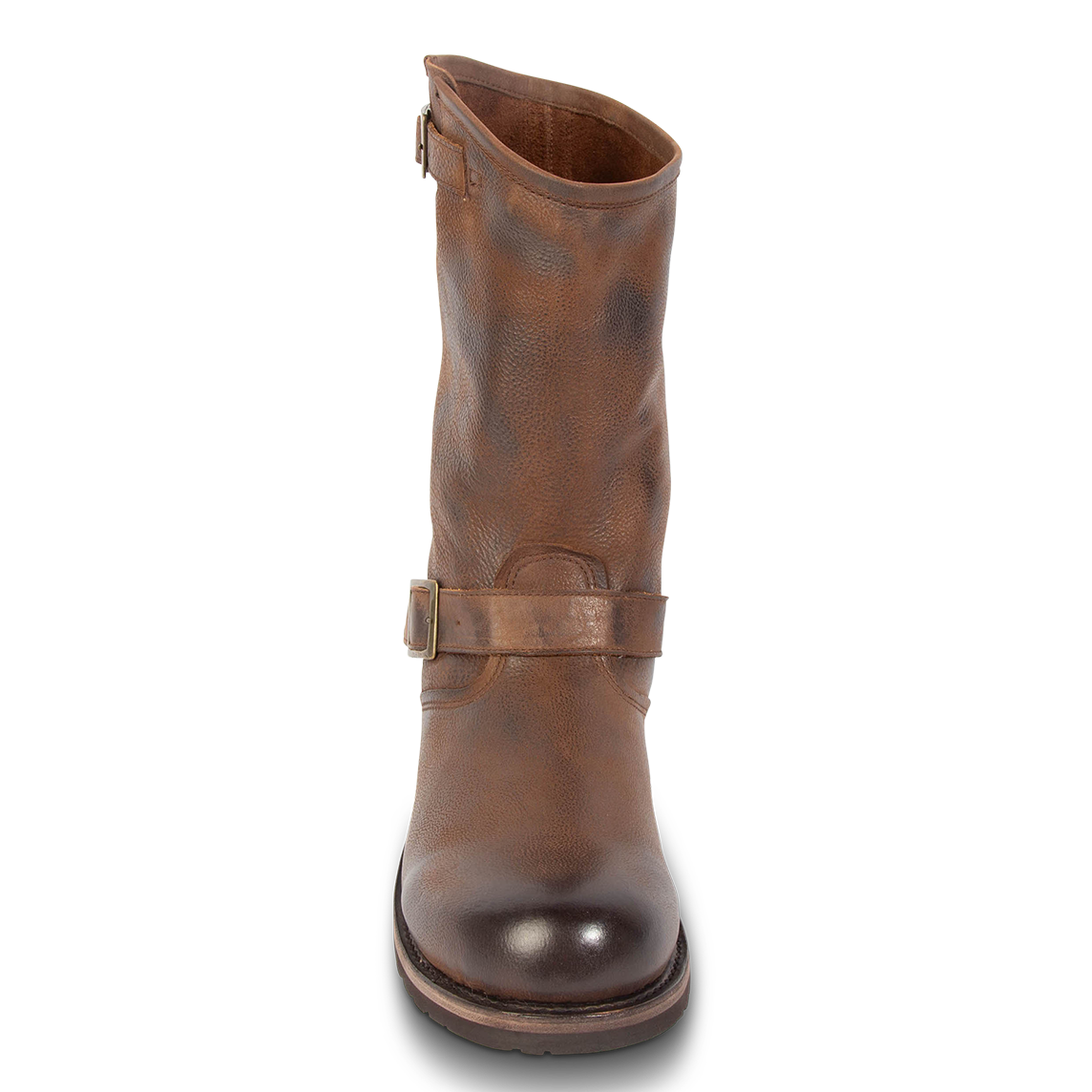 Front view showing buckle straps on FREEBIRD men's Easton brown tall boot
