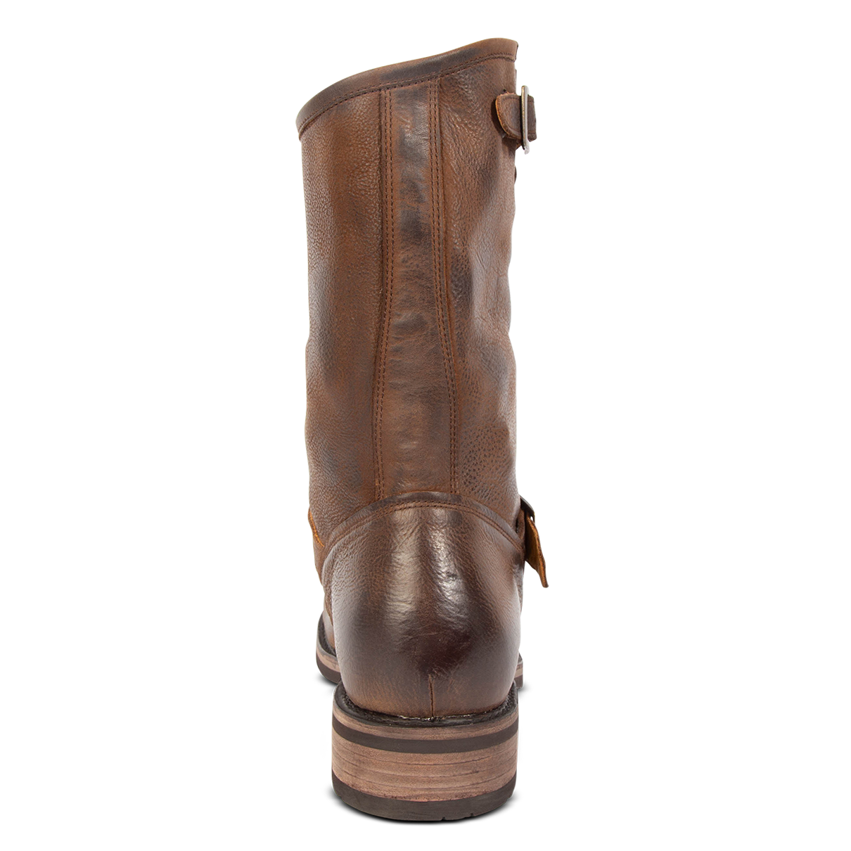 Back view showing low heel on FREEBIRD men's Easton brown tall boot