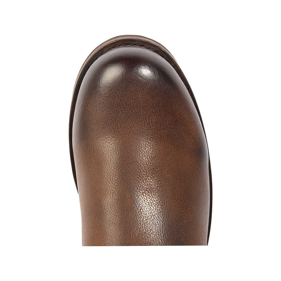 Top view showing round toe on FREEBIRD men's Easton brown tall boot