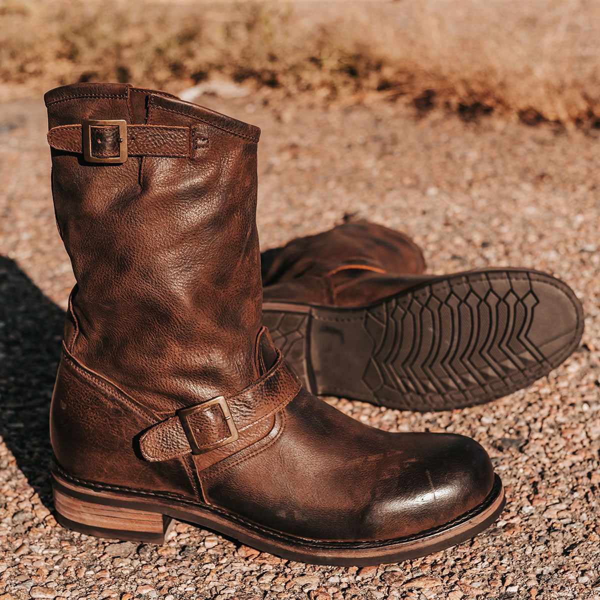 FREEBIRD men's Easton brown low heel tall boot with buckles