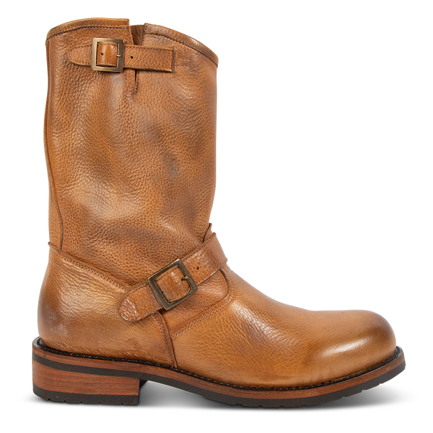FREEBIRD men's Easton tan low heel tall boot with buckles