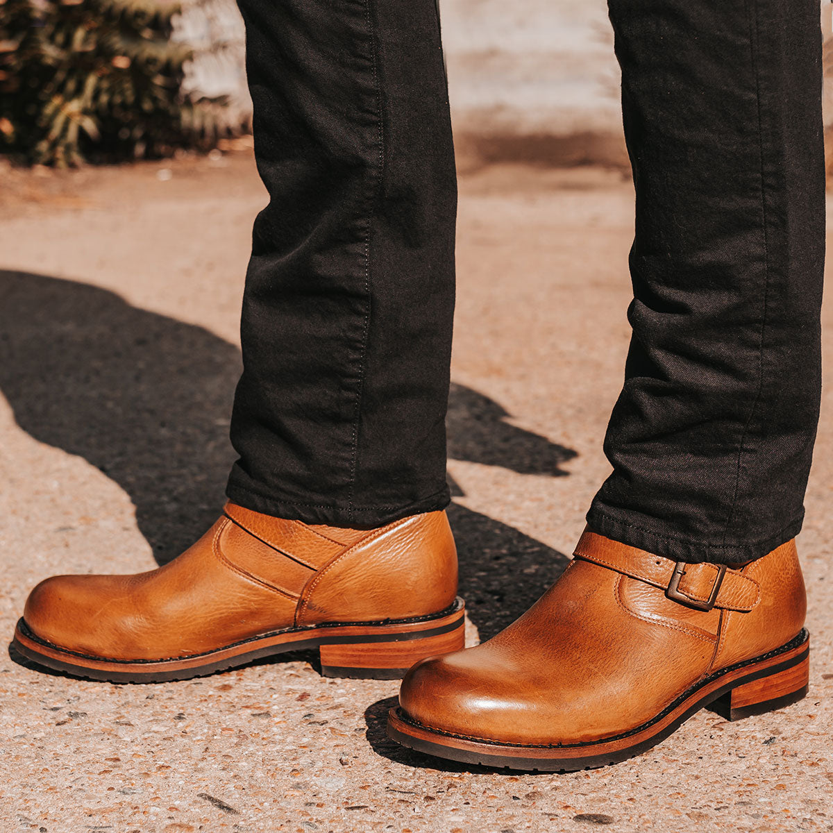 FREEBIRD men's Easton tan low heel tall boot with buckles