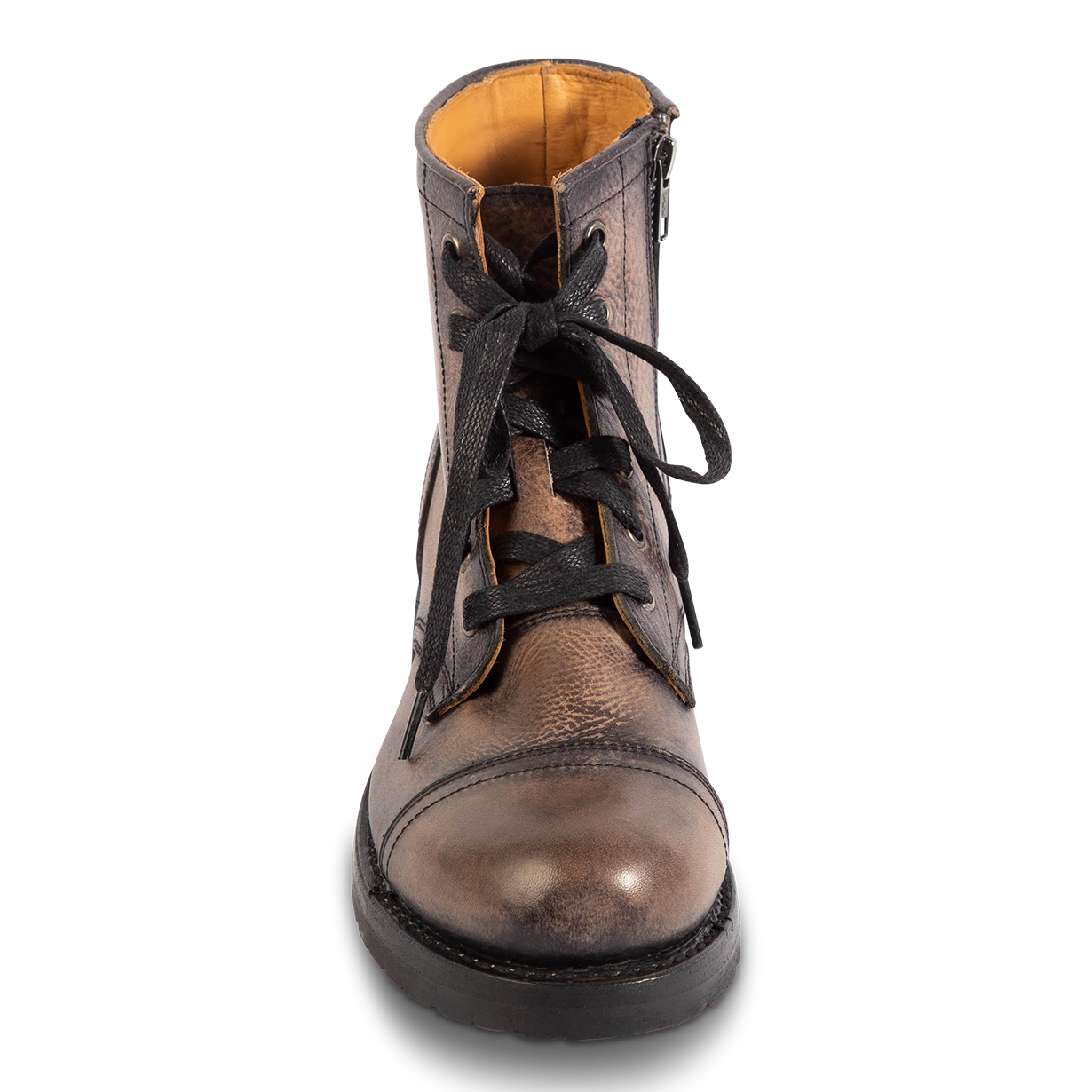 Front view showing woven leather lacing and cap toe construction on FREEBIRD mens Eli black leather boot