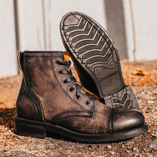 FREEBIRD mens Eli black cap toe front lacing rubber tread sole leather boot