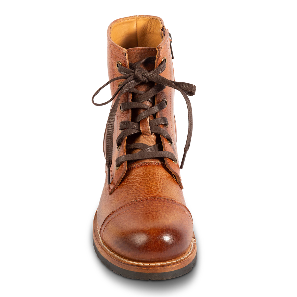 Front view showing woven leather lacing and cap toe construction on FREEBIRD mens Eli whiskey leather boot