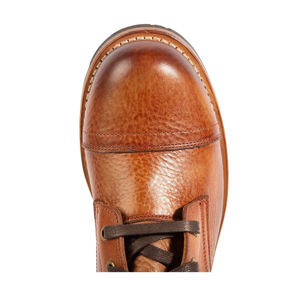 Top view showing cap toe construction on FREEBIRD mens Eli whiskey leather boot
