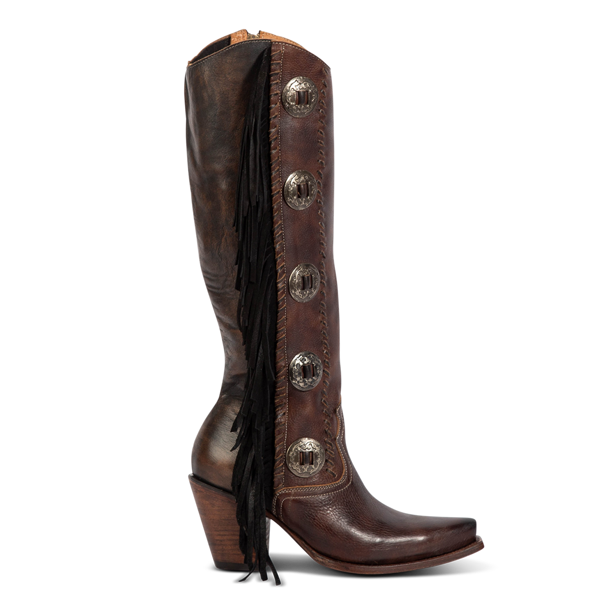 Freebird women's FARRAH brown leather knee-high boot with fringe detail, concho hardware and a tall heel 