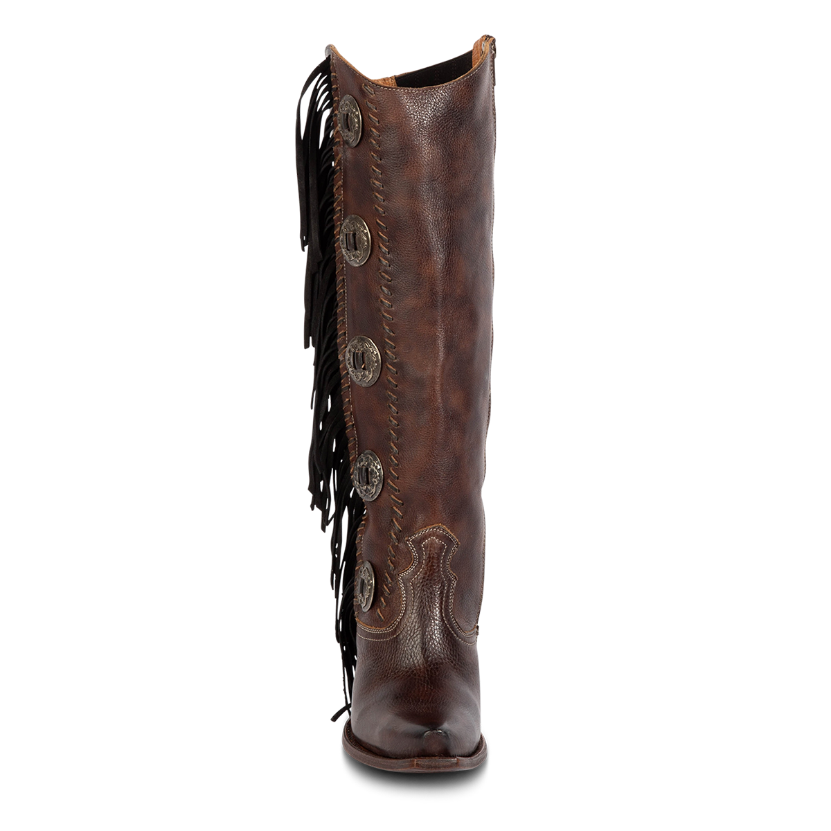 Front view showing Freebird women's FARRAH brown leather knee-high boot with fringe detail, concho hardware and a shaft stitching