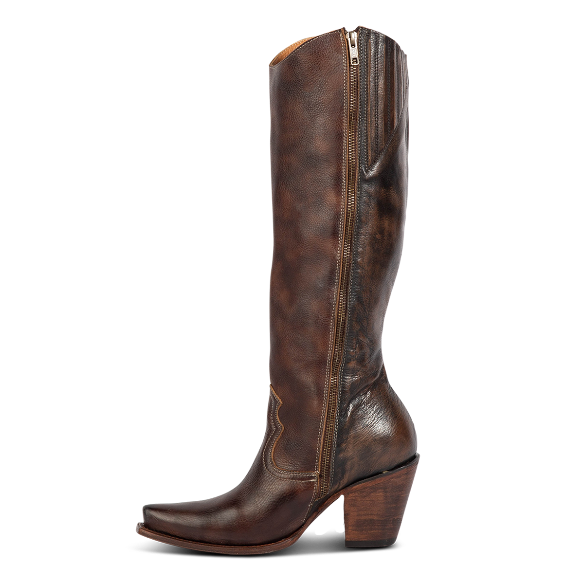 Inside view showing Freebird women's FARRAH brown leather knee-high boot with fringe detail, concho hardware and full inside brass zipper