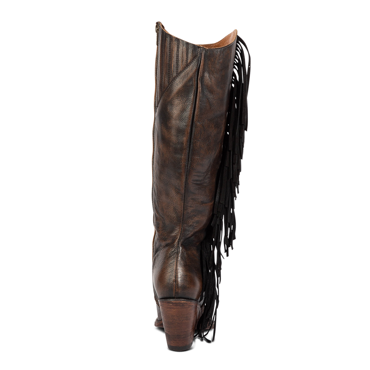 Back view showing Freebird women's FARRAH brown leather knee-high boot with gore flex calf detailing and a tall heel