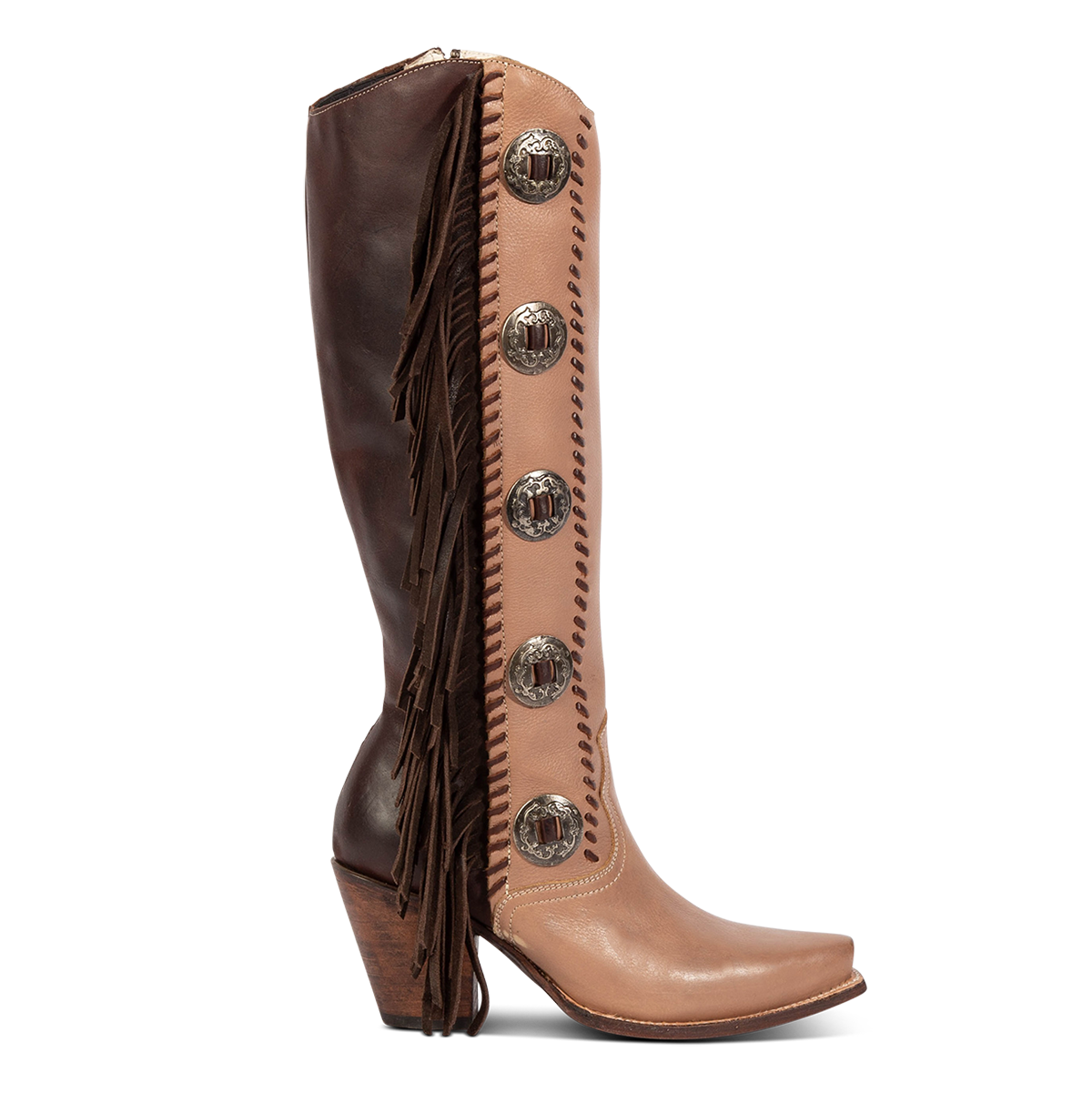 Freebird women's FARRAH clay multi leather knee-high boot with fringe detail, concho hardware and a tall heel 