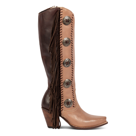 Freebird women's FARRAH clay multi leather knee-high boot with fringe detail, concho hardware and a tall heel 