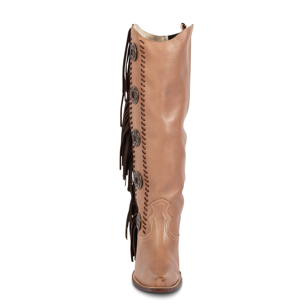 Front view showing Freebird women's FARRAH clay multi leather knee-high boot with fringe detail, concho hardware and a shaft stitching