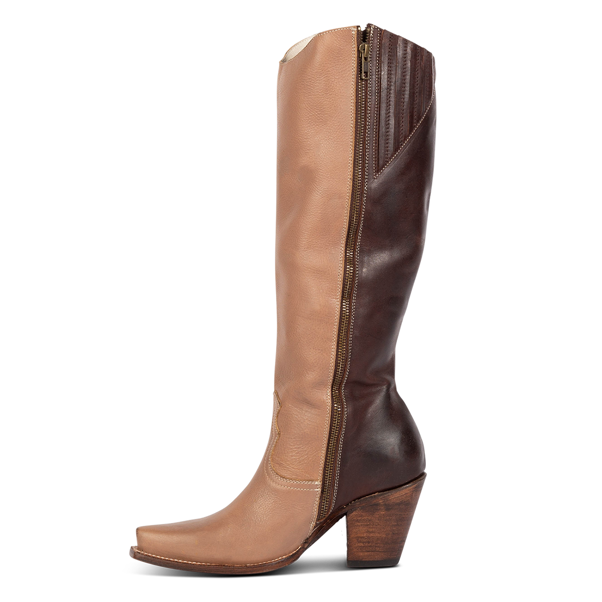 Inside view showing Freebird women's FARRAH clay multi leather knee-high boot with fringe detail, concho hardware and full inside brass zipper