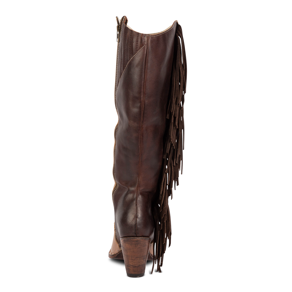 Back view showing Freebird women's FARRAH clay multi leather knee-high boot with gore flex calf detailing and a tall heel