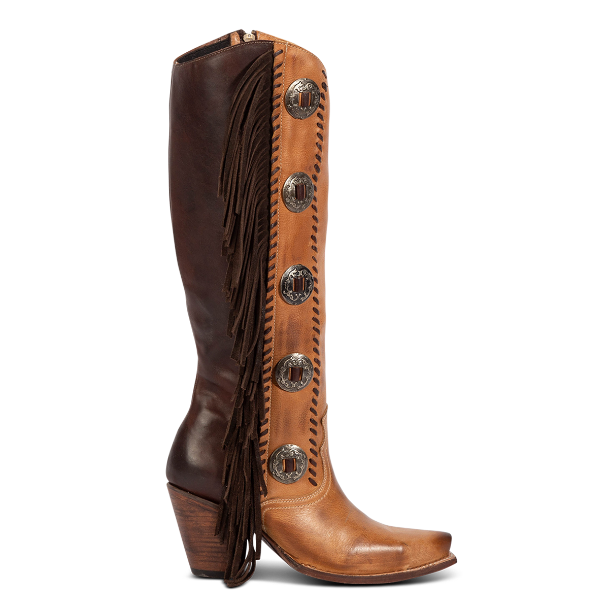 Freebird women's FARRAH tan multi leather knee-high boot with fringe detail, concho hardware and a tall heel 