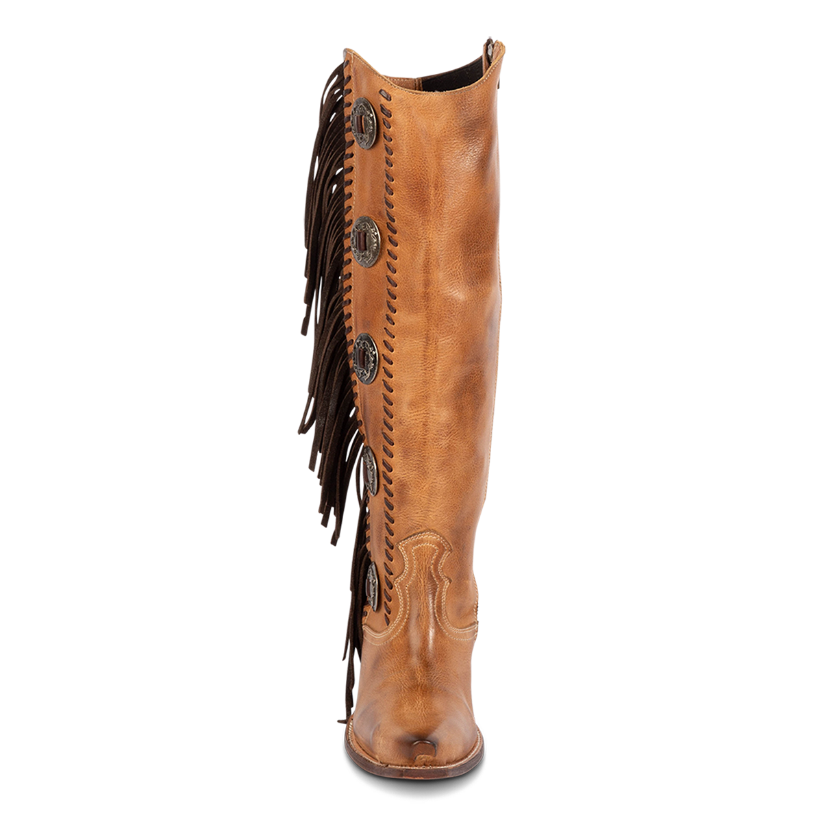 Front view showing Freebird women's FARRAH tan multi leather knee-high boot with fringe detail, concho hardware and a shaft stitching