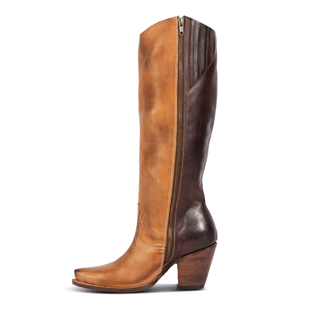 Inside view showing Freebird women's FARRAH tan multi leather knee-high boot with fringe detail, concho hardware and full inside brass zipper