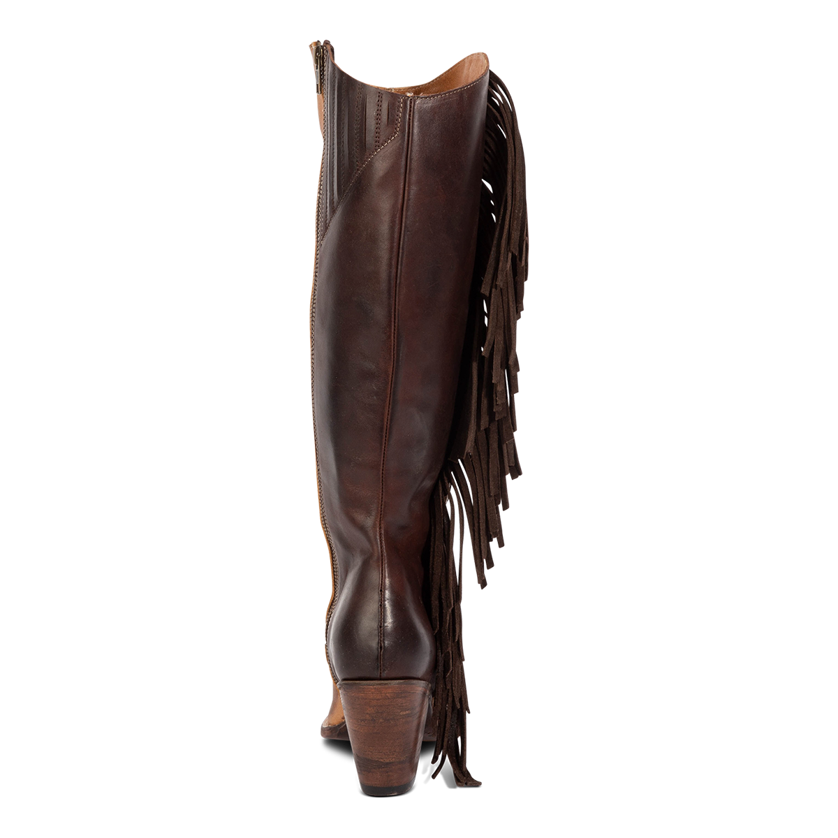 Back view showing Freebird women's FARRAH tan multi leather knee-high boot with gore flex calf detailing and a tall heel