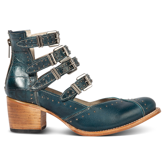 FREEBIRD women's Felicity blue multi open construction adjustable strappy bootie with silver studded detailing and back zip closure