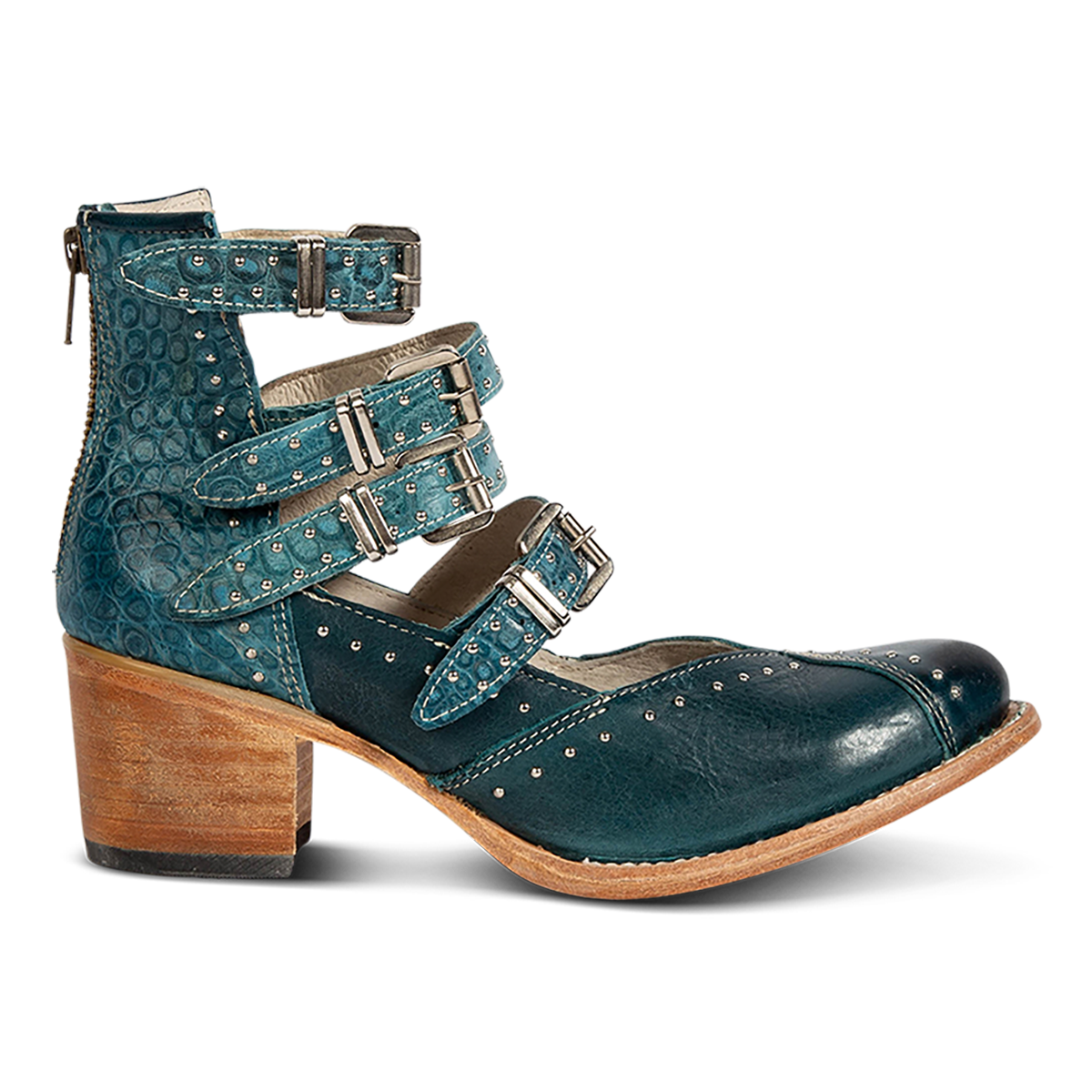 FREEBIRD women's Felicity blue multi open construction adjustable strappy shoe with silver studded detailing and back zip closure
