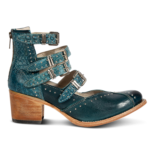 FREEBIRD women's Felicity blue multi open construction adjustable strappy shoe with silver studded detailing and back zip closure