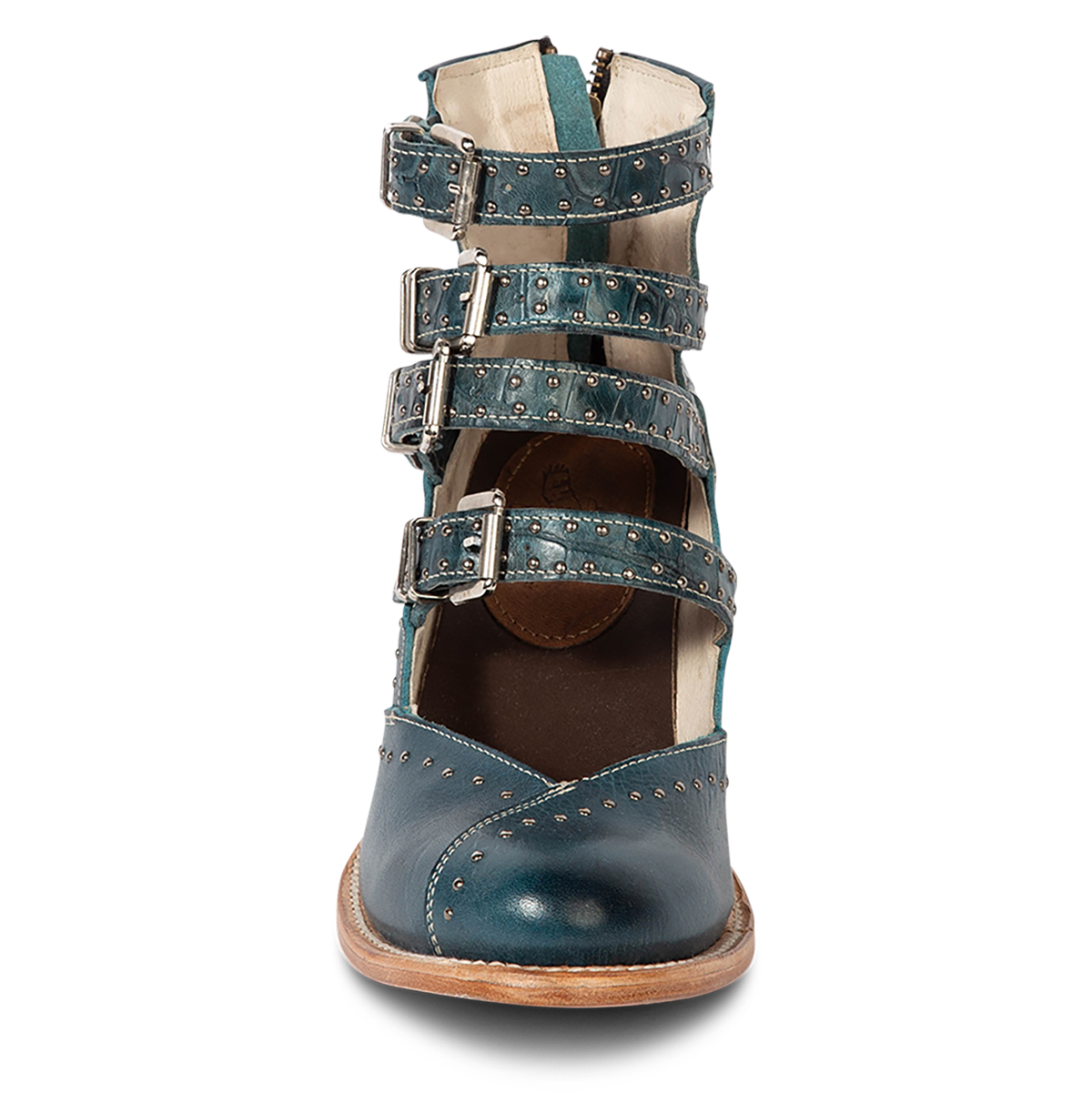 Front view showing FREEBIRD women's Felicity blue multi open construction adjustable strappy bootie with silver studded detailing 