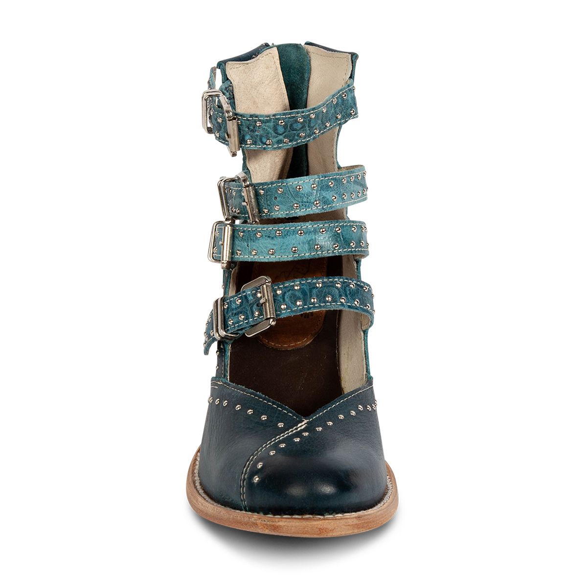 Front view showing FREEBIRD women's Felicity blue multi open construction adjustable strappy shoe with silver studded detailing and adjustable straps